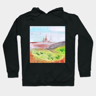 Landscape, castle, nature. Hand drawn color illustration, painting, art, encaustic. Hoodie